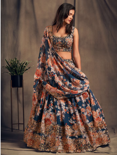 Blue & Peach-Coloured Embroidered Sequinned Shibori Semi-Stitched Lehenga & Unstitched Blouse With