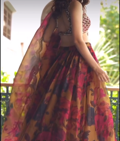 Mustard Organza Floral Printed & Cutdana Embroidered Lehenga Choli