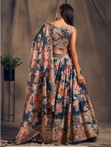 Blue & Peach-Coloured Embroidered Sequinned Shibori Semi-Stitched Lehenga & Unstitched Blouse With