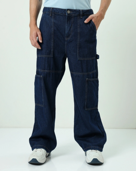 Men's Blue Baggy Straight Fit Carpenter Jeans