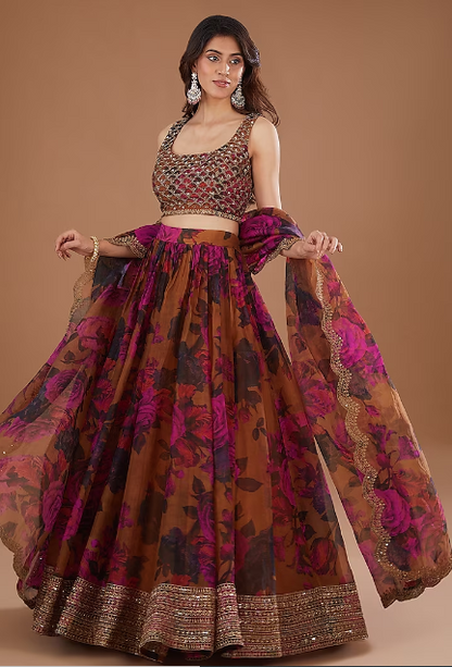 Mustard Organza Floral Printed & Cutdana Embroidered Lehenga Choli