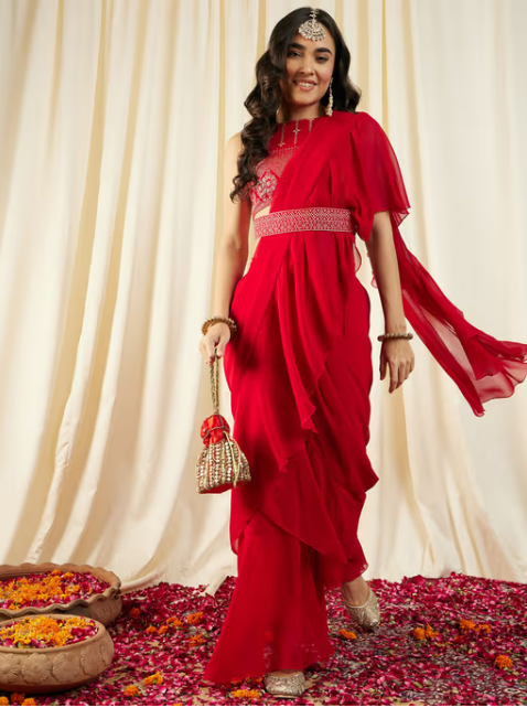 Red Printed Pre-Draped Saree with Stitched Blouse