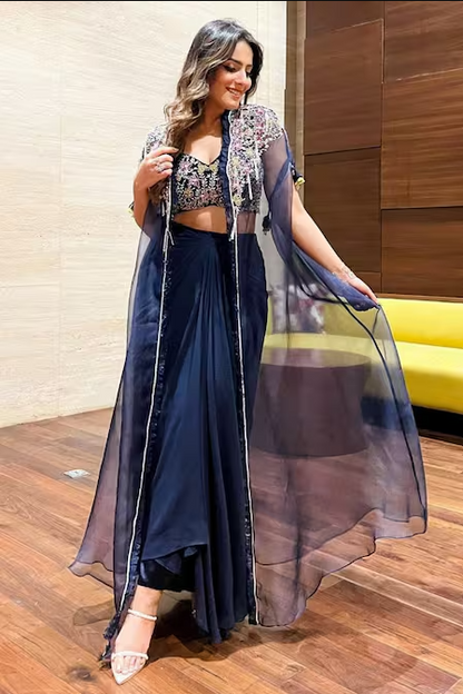 Blue Choli And Skirt Georgette Cape Organza Lining & Draped Set For Women