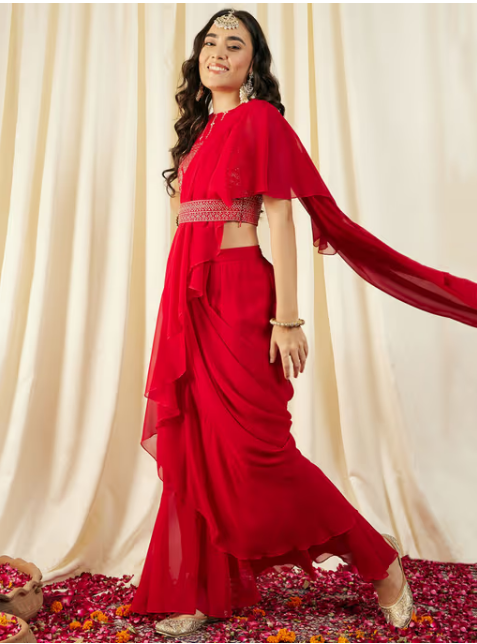 Red Printed Pre-Draped Saree with Stitched Blouse