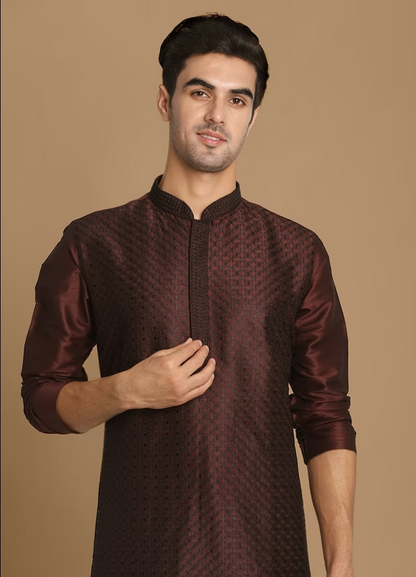 Wine Self Design Kurta With Black Churidar