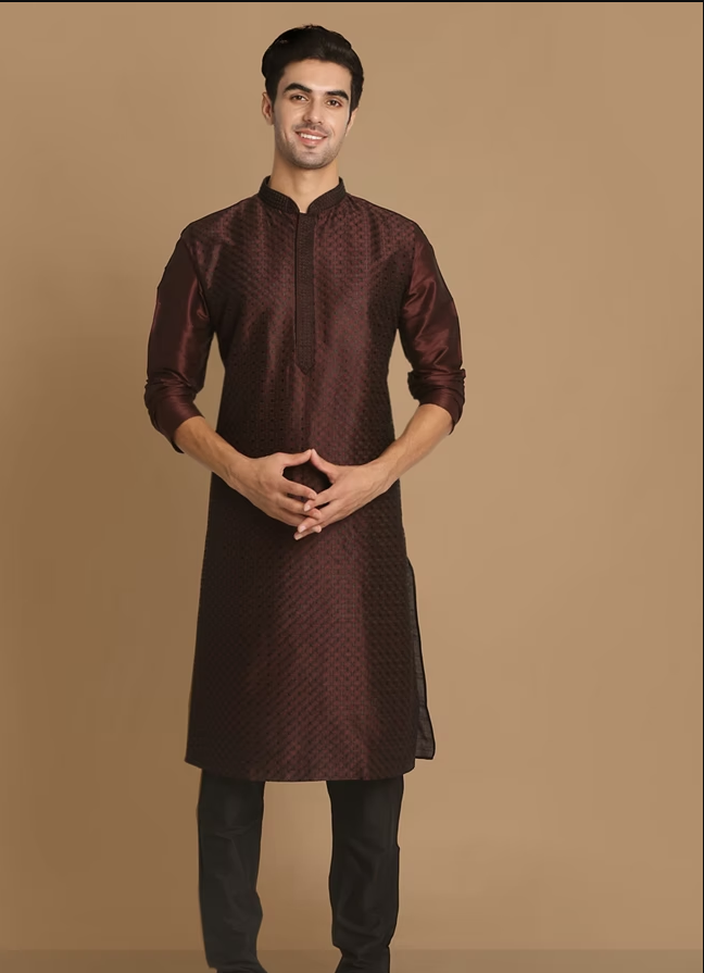 Wine Self Design Kurta With Black Churidar