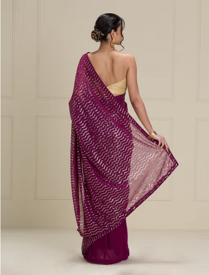 Purple Georgette Embellished and Beads Stone Party Wear Saree with Unstitched Blouse