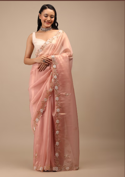 Rose Glass Tissue Saree In White Moti And Cut Dana Embroidery Buttis, Border Has Cutwork Detailing