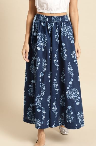 TAG 7 Women Navy Blue & White Printed Flared Palazzos