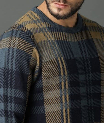 Roadster Men Grey & Brown Checked Pullover Sweater