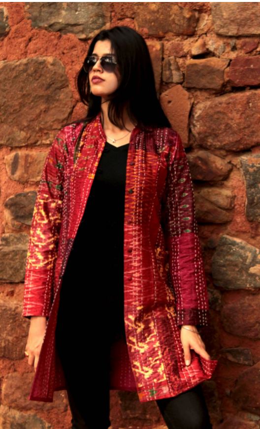 Karmadori Hazley Ravishing Rubies Patola Silk Patchwork Kantha Long Jacket