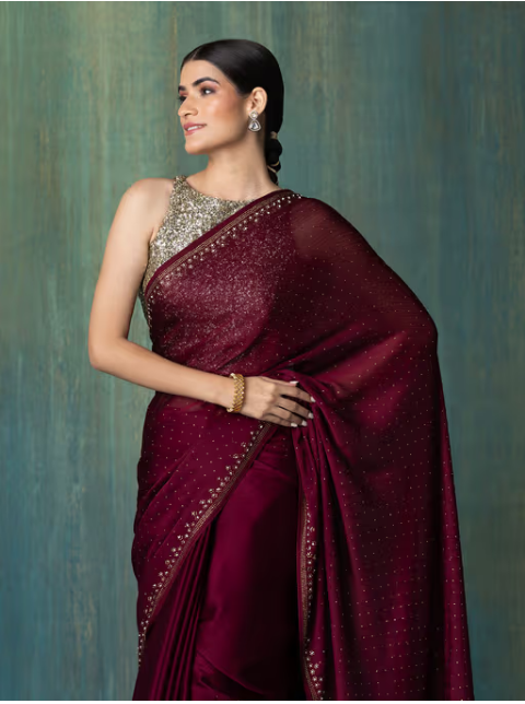 Wine Satin Solid Embellished and Sequined Saree with Unstitched Blouse