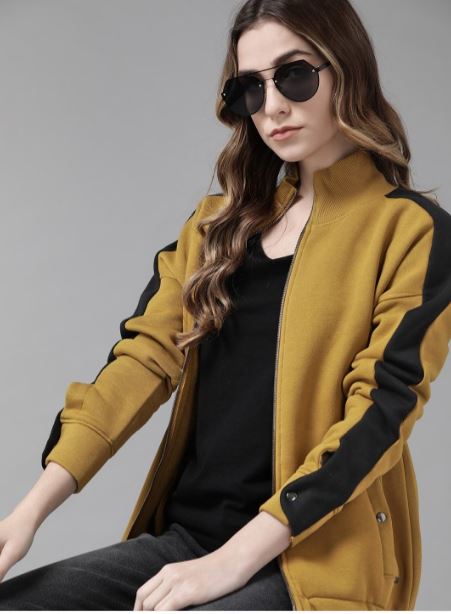 Women Mustard Yellow & Black Solid Sweatshirt with Contrast Detailing