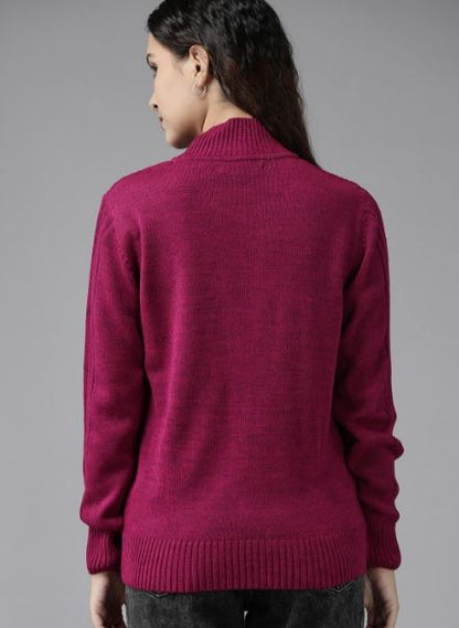 Women Magenta Cable Knit Acrylic Pullover