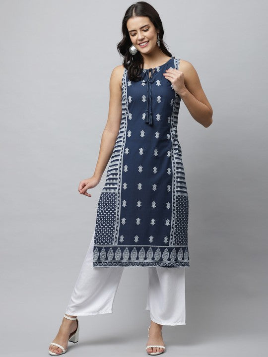 Women Blue & White Ethnic Motifs Printed Kurta