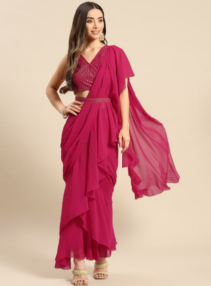 Magenta Ruffled Ready to Wear Saree