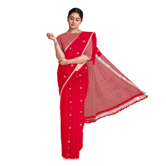 RED HANDLOOM SOFT MUL COTTON DHAKAI SAREE