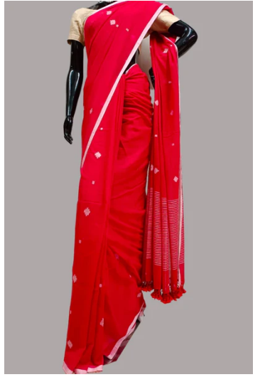 RED HANDLOOM SOFT MUL COTTON DHAKAI SAREE