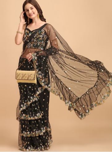 JATRIQQ Embellished Sequinned Net Saree