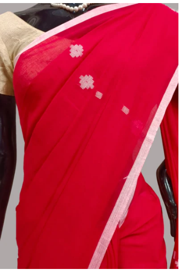 RED HANDLOOM SOFT MUL COTTON DHAKAI SAREE