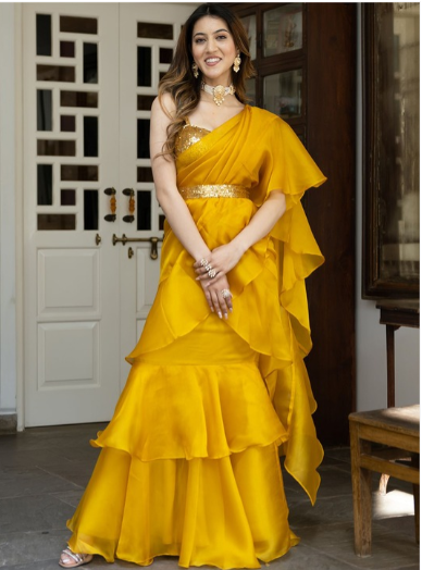 Mustard & Gold-Toned Sequinned Organza Ready to Wear Saree