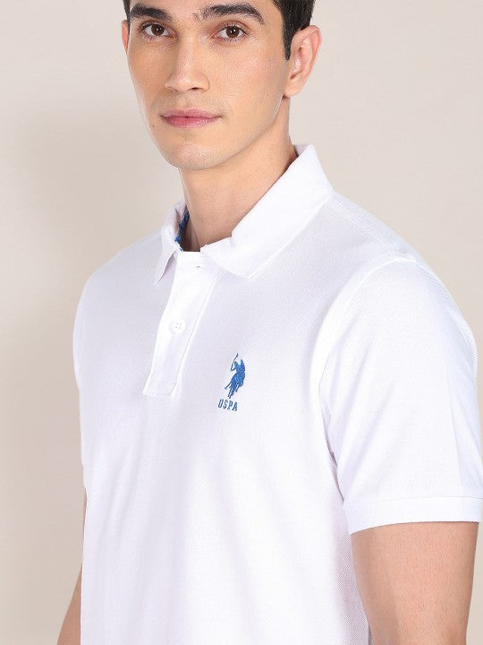 Men White Solid Polo Collar Pure Cotton Slim Fit T-shirt