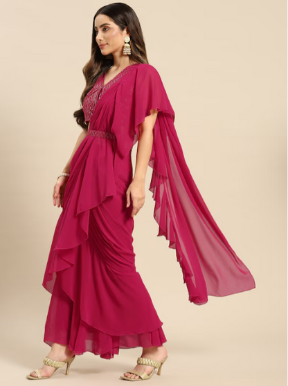 Magenta Ruffled Ready to Wear Saree