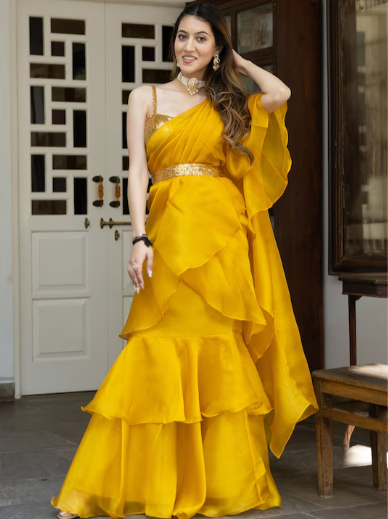 Mustard & Gold-Toned Sequinned Organza Ready to Wear Saree