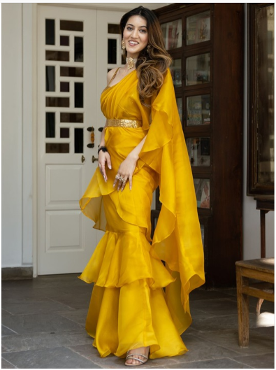 Mustard & Gold-Toned Sequinned Organza Ready to Wear Saree