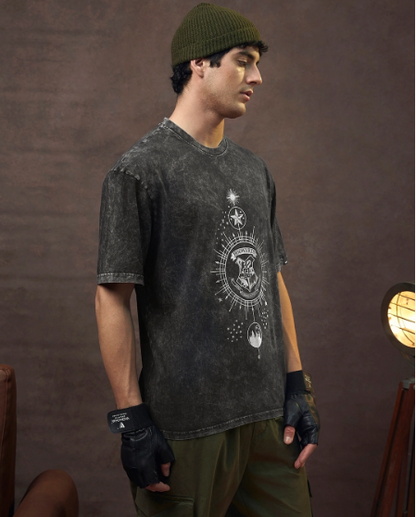 Men's Black Crest Mark Graphic Printed Oversized Acid Wash T-shirt