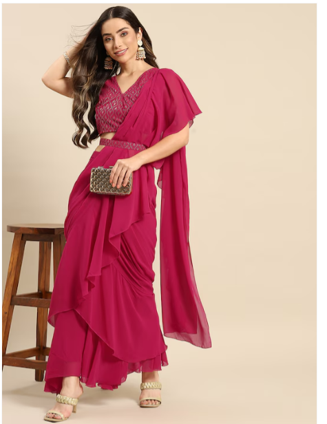 Magenta Ruffled Ready to Wear Saree