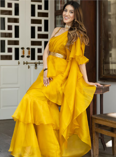 Mustard & Gold-Toned Sequinned Organza Ready to Wear Saree