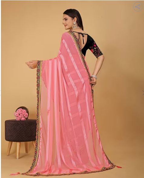 GLOBALIA CREATION Striped Georgette Saree with Embroidered Border