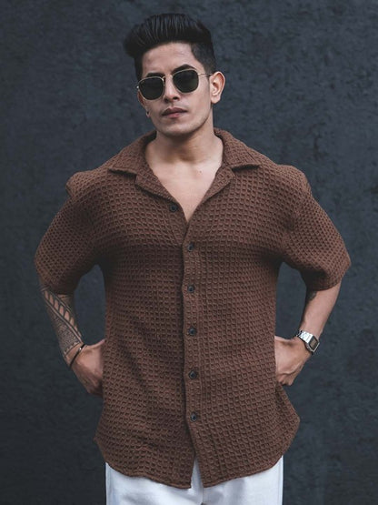 Brown India Slim Oversized Self Design Textured Cuban Collar Casual Shirt