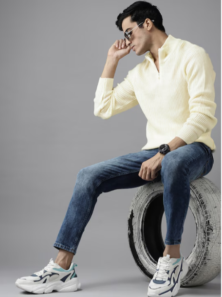 Men Cream-Coloured Self-Striped Pullover