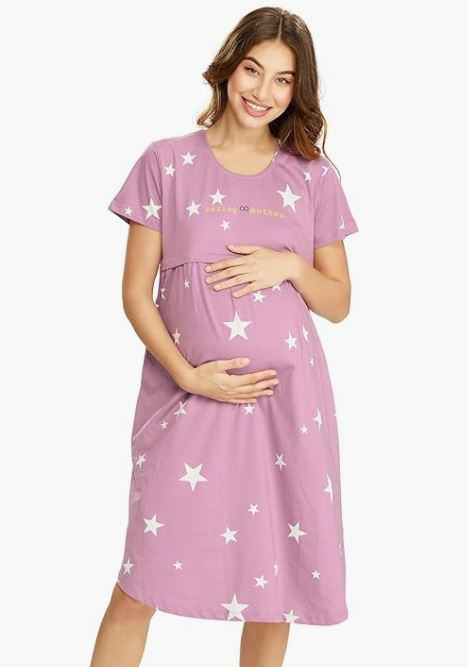 LOTIK Women's Cotton Star Printed Maternity & Feeding Calf Length Short Nighty