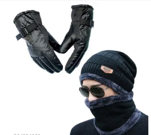 Trendy Winter Woolen Beanie Cap and Glove Set for Extra protection From cold for Men & Women (free Size)