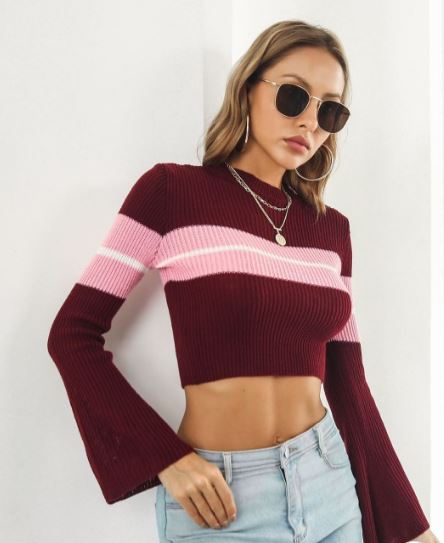 Maroon Striped Relaxed Cropped Sweater