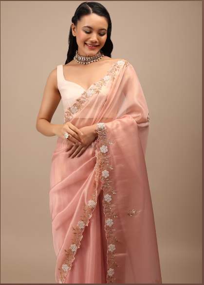 Rose Glass Tissue Saree In White Moti And Cut Dana Embroidery Buttis, Border Has Cutwork Detailing