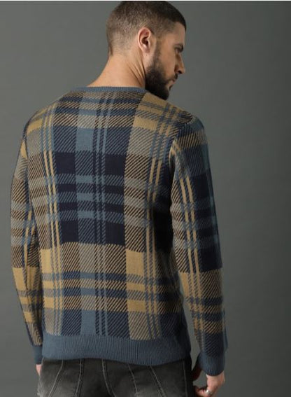 Roadster Men Grey & Brown Checked Pullover Sweater