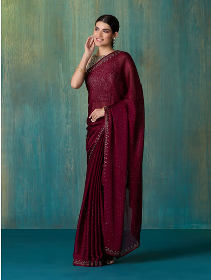 Wine Satin Solid Embellished and Sequined Saree with Unstitched Blouse