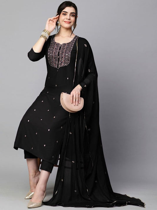 Women Ethnic Motifs Embroidered Regular Kurta With Trousers & Dupatta