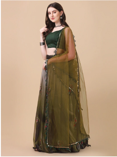 Amrutam Fab Olive Green & Black Semi-Stitched Lehenga & Unstitched Blouse With Dupatta