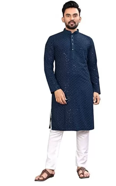 Men Chikan Embroidery Chiffon Straight Kurta