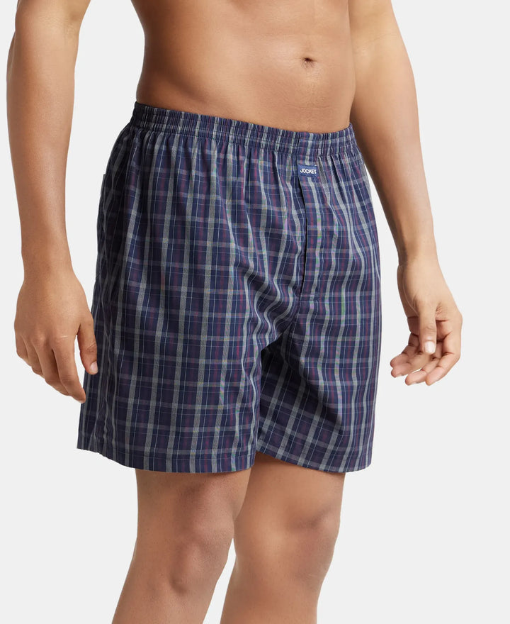 Men's Super Combed Mercerized Cotton Woven Checkered Boxer Shorts with Back Pocket