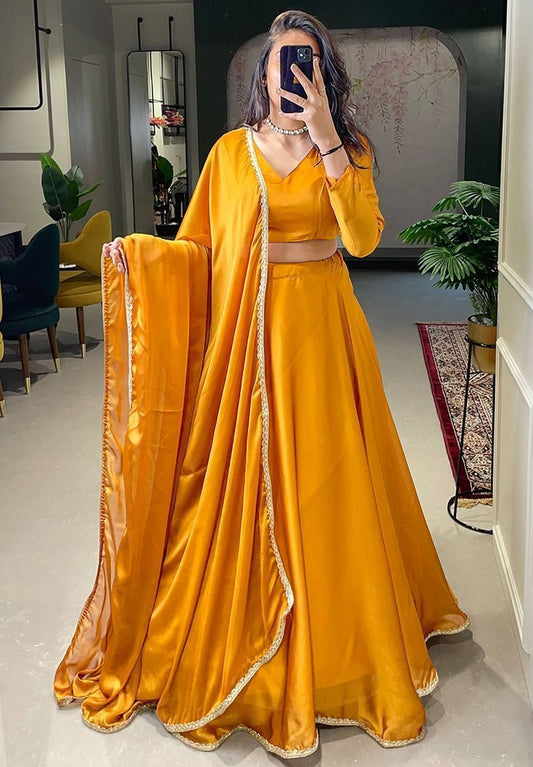 Fascinating Yellow Silk Lace Border Haldi Wear Lehenga choli