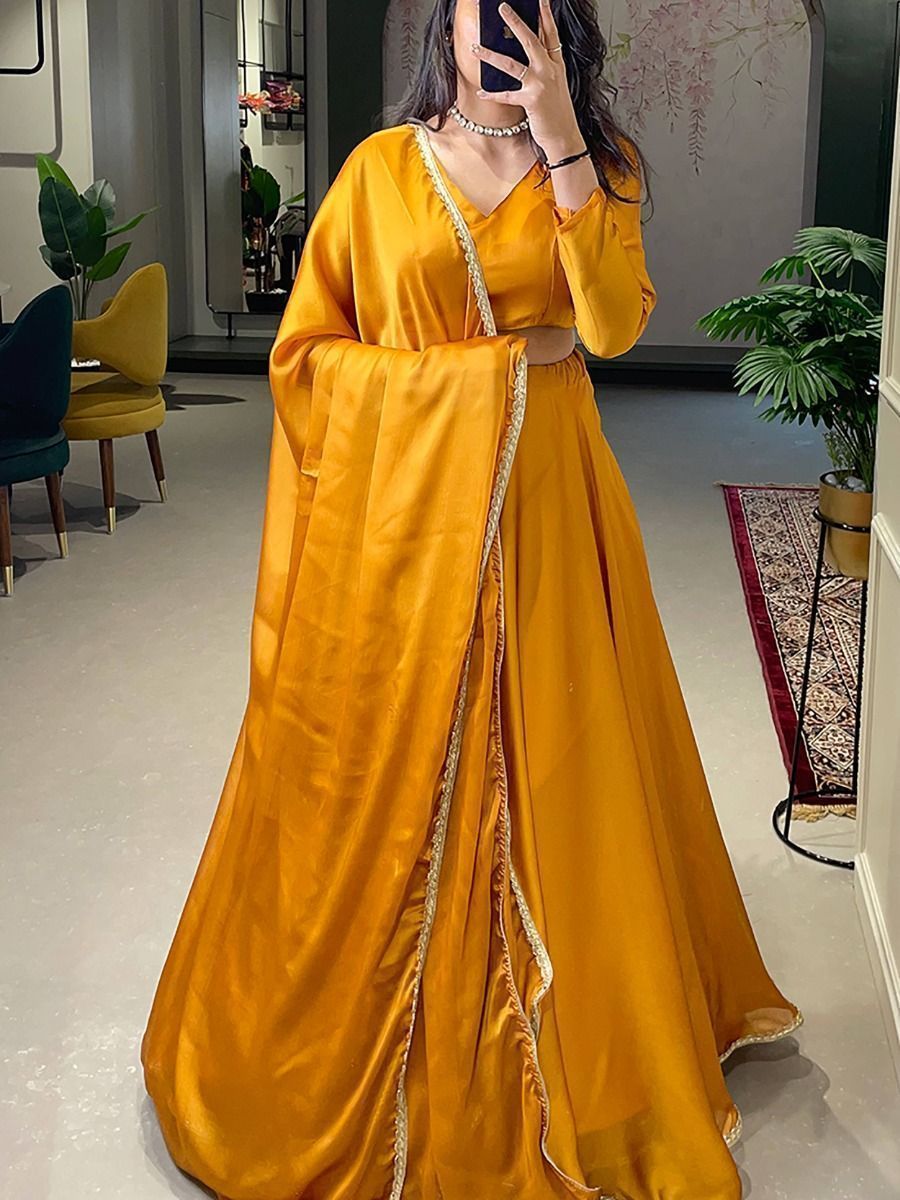 Yellow Silk Lace Border Haldi Wear Lehenga choli