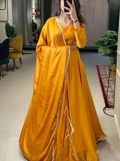 Yellow Silk Lace Border Haldi Wear Lehenga choli