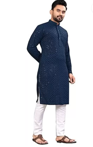 Men Chikan Embroidery Chiffon Straight Kurta