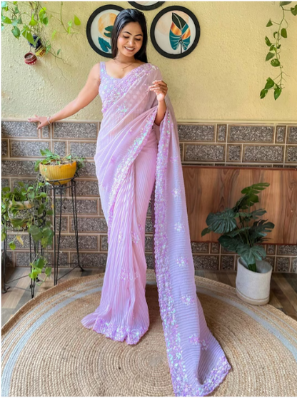 Mitera Lavender Ethnic Motifs Embroidered Sequinned Detailed Pure Georgette Saree